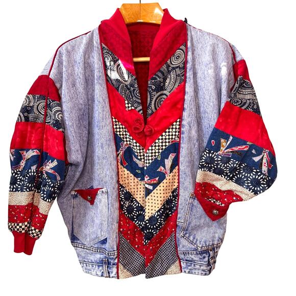 Upcycled Patchwork Denim Jacket Women L Quilted Retro Cotton Ecclectic Boho OOAK - Picture 1 of 16